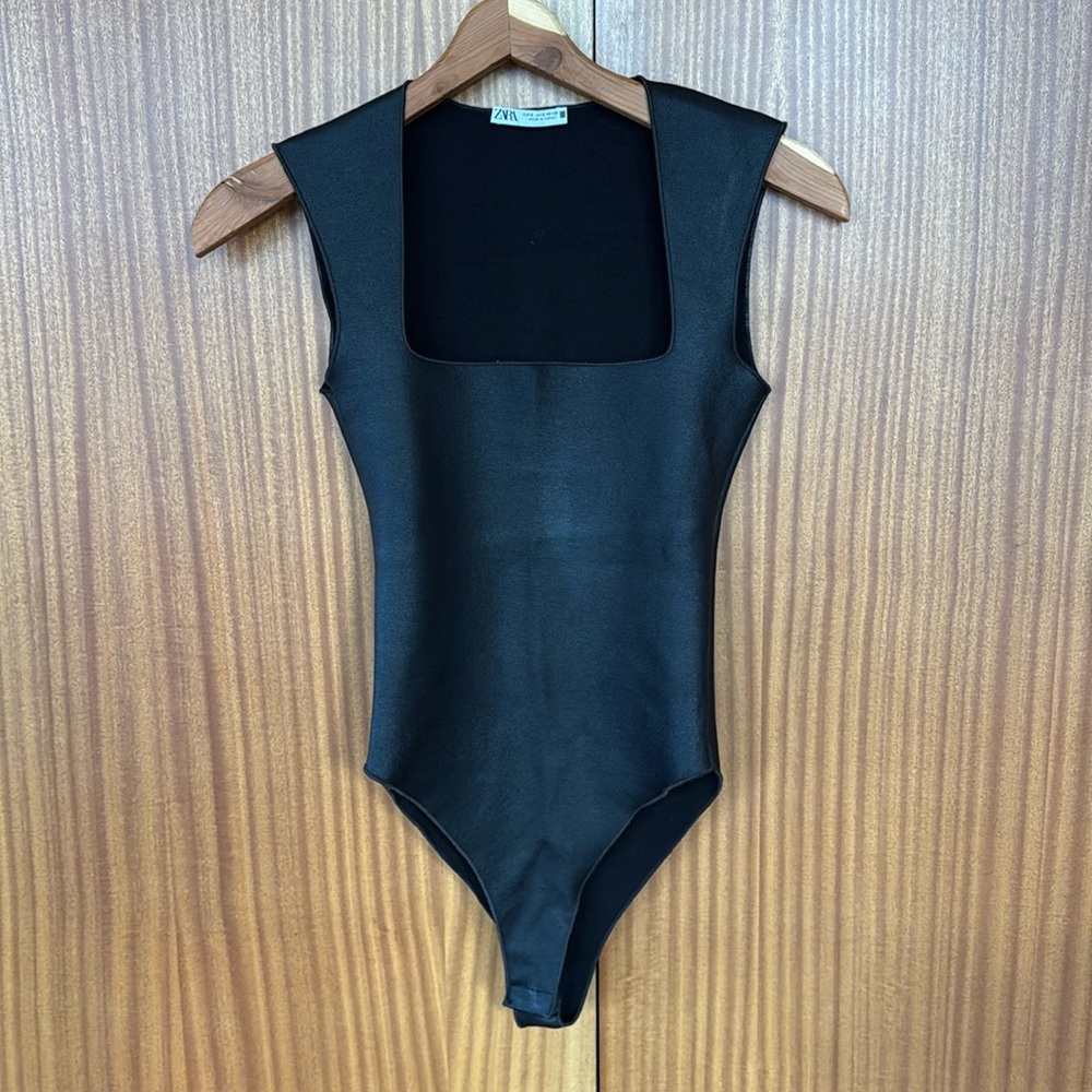 Black faux leather sleeveless body suit